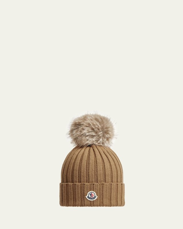 Ribbed Wool Beanie with Faux Fur Pom